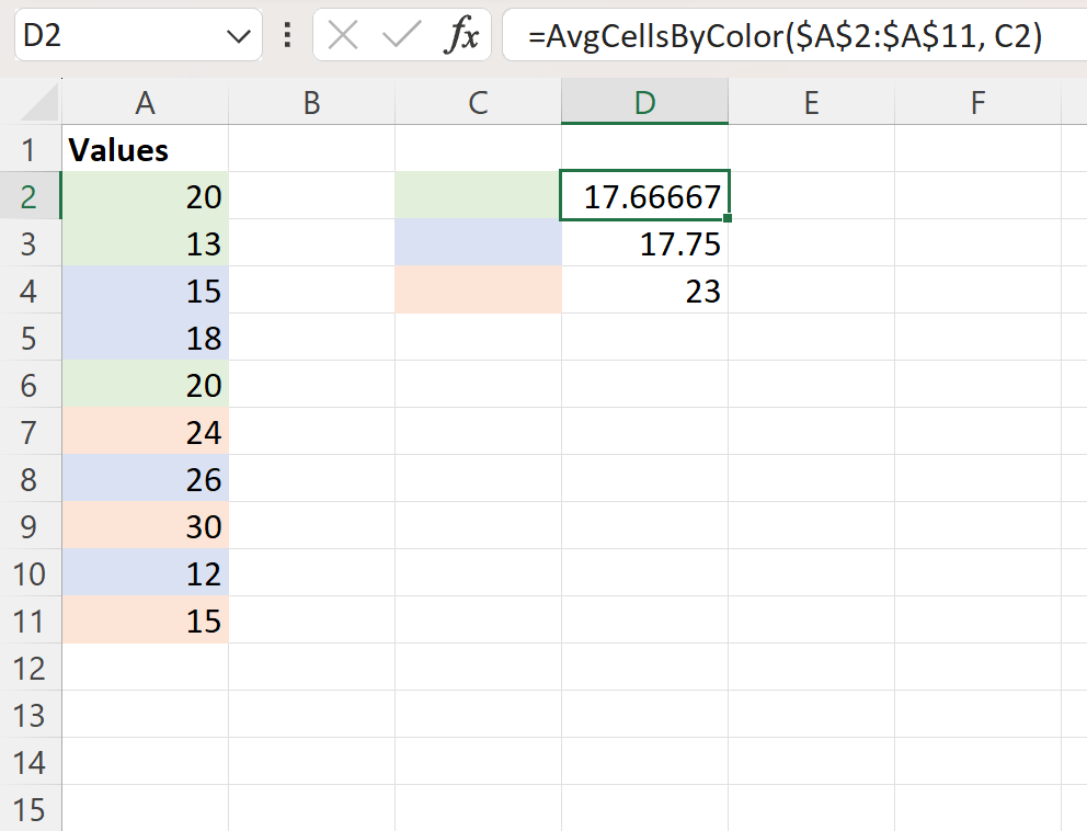 Excel average by color