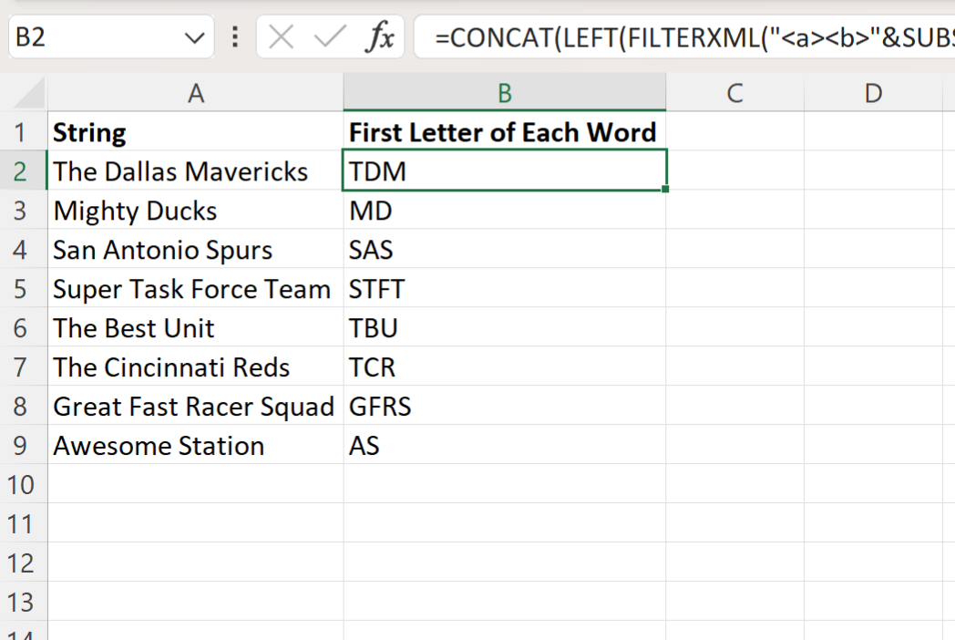 Excel extract first letter of each word