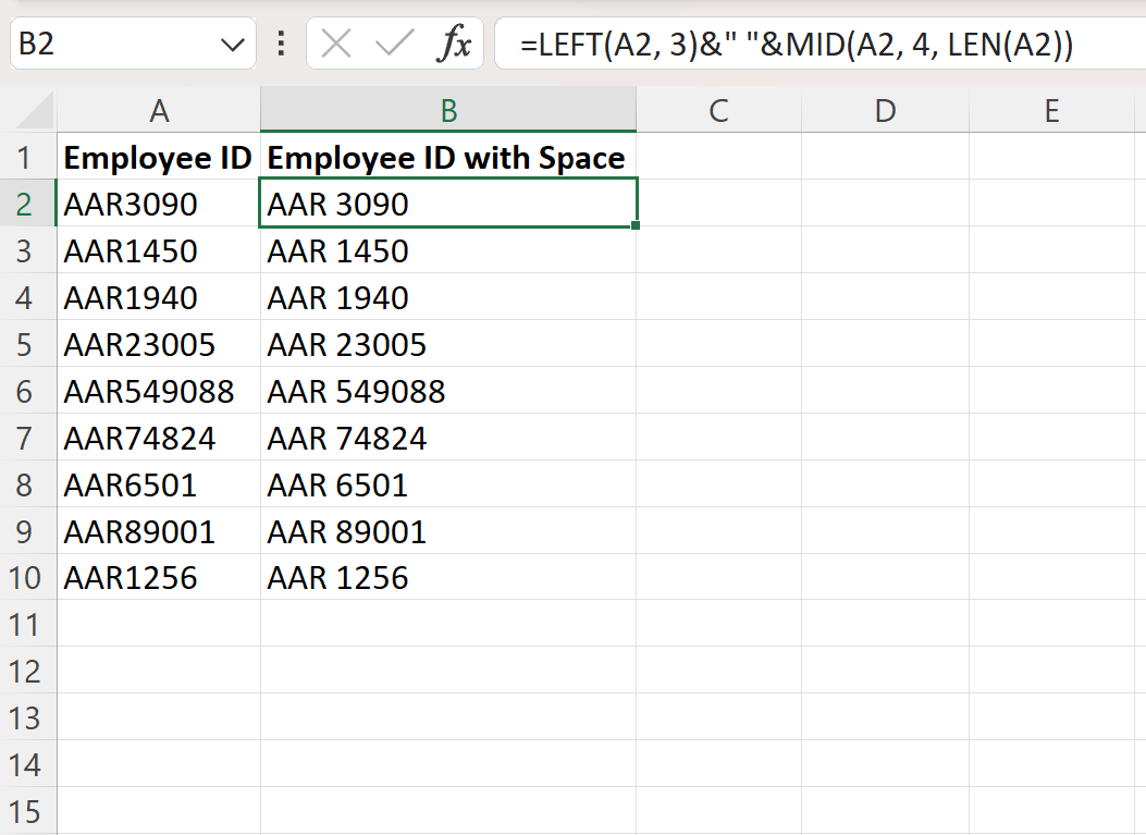 Excel add space between text in cell