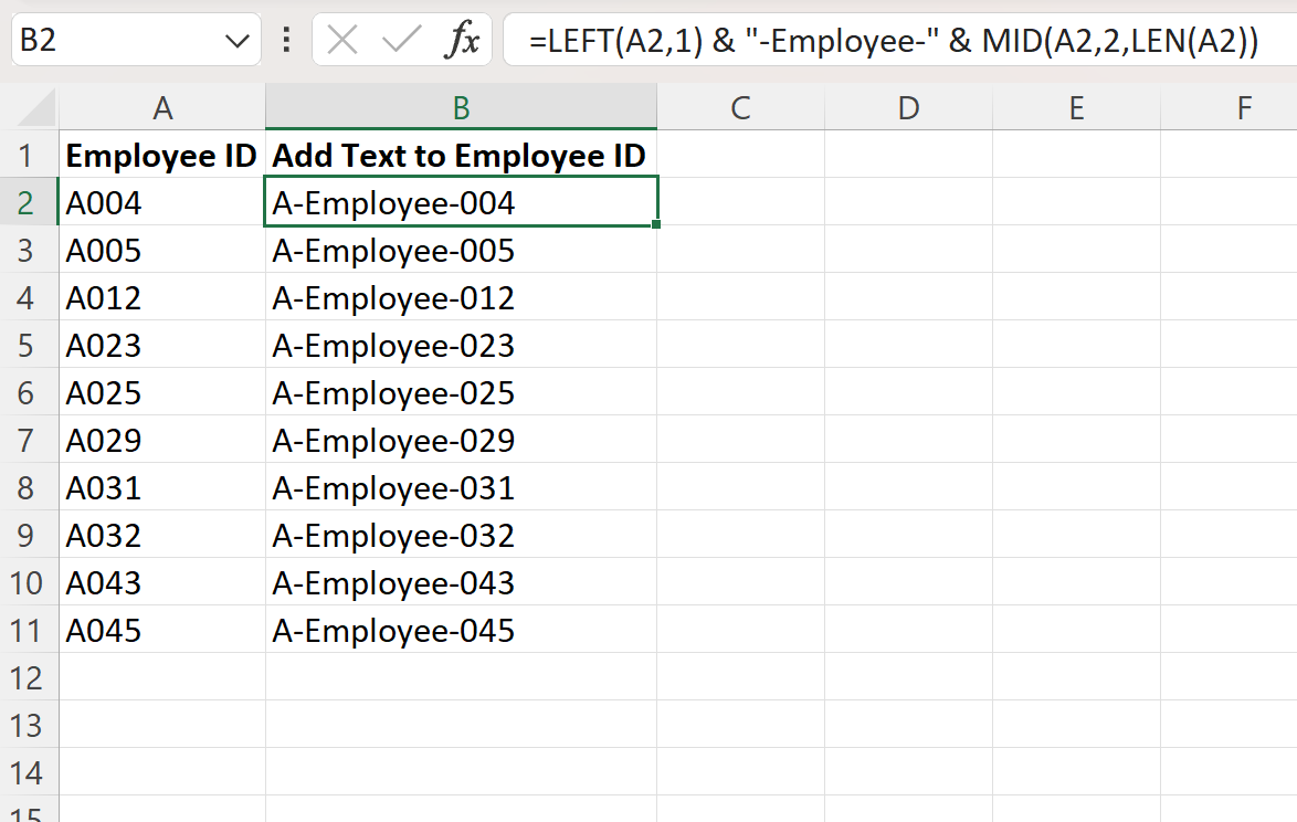 Excel add text in middle of cell