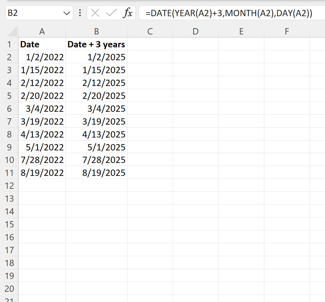 Excel add years to date