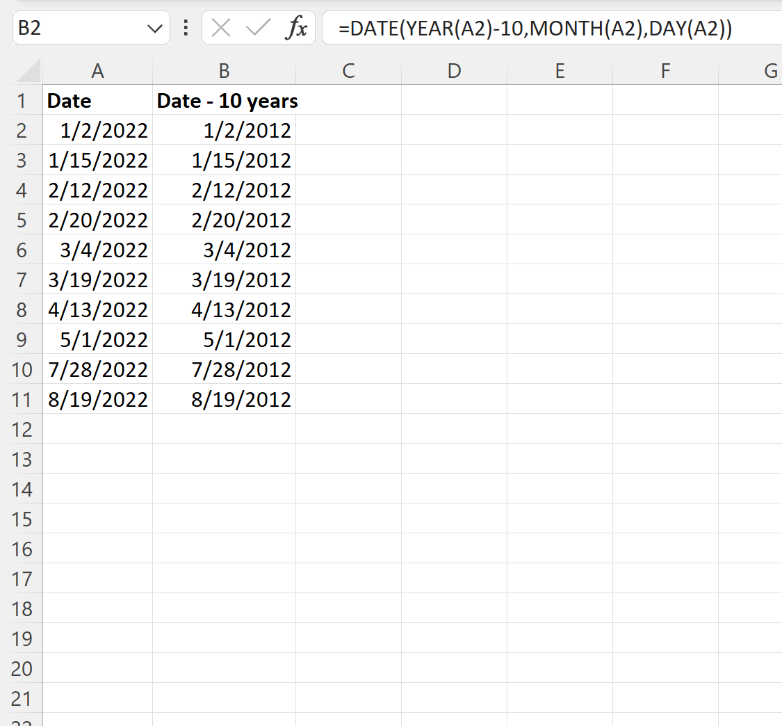 Excel subtract years from date