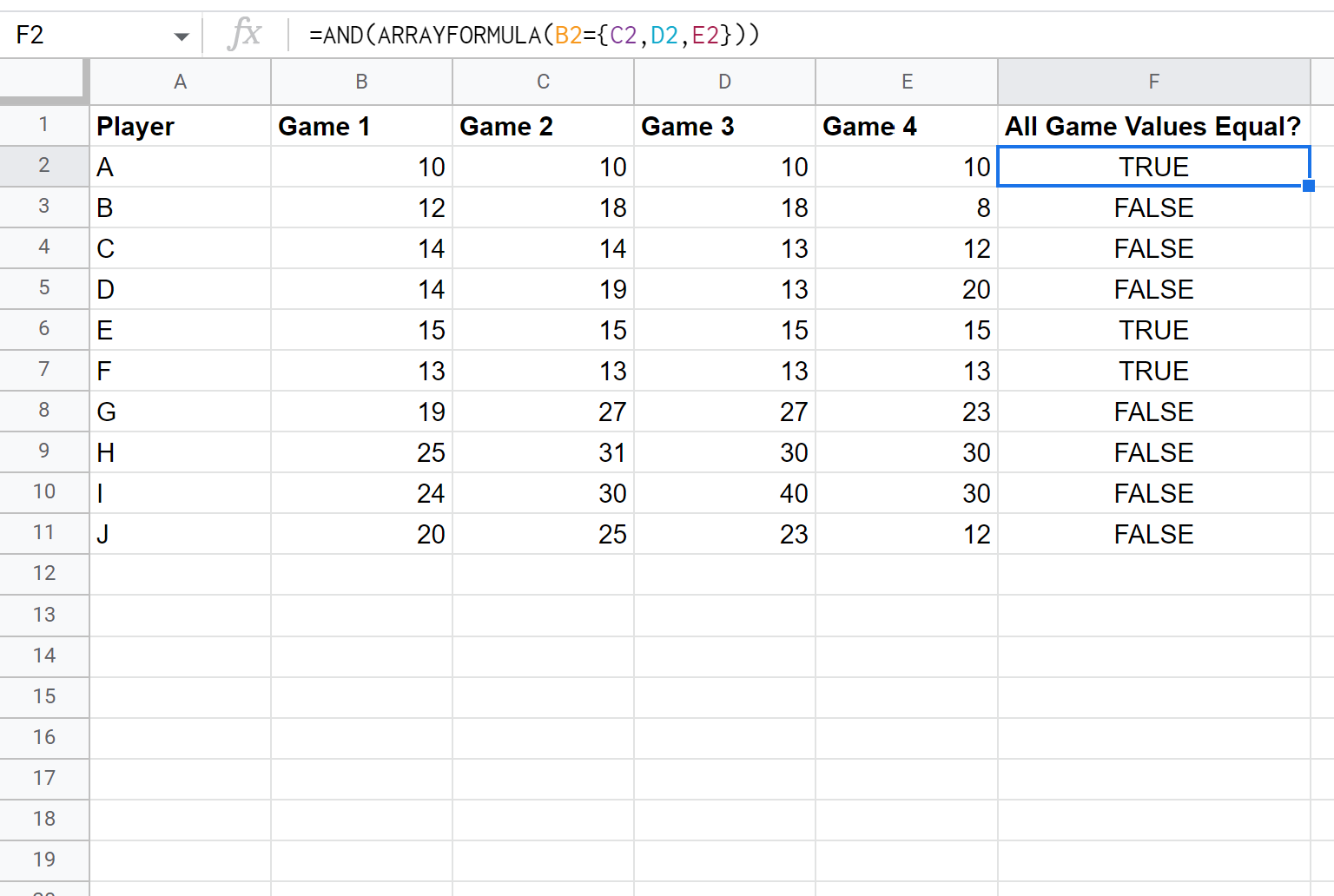 Google Sheets check if multiple cells are equal