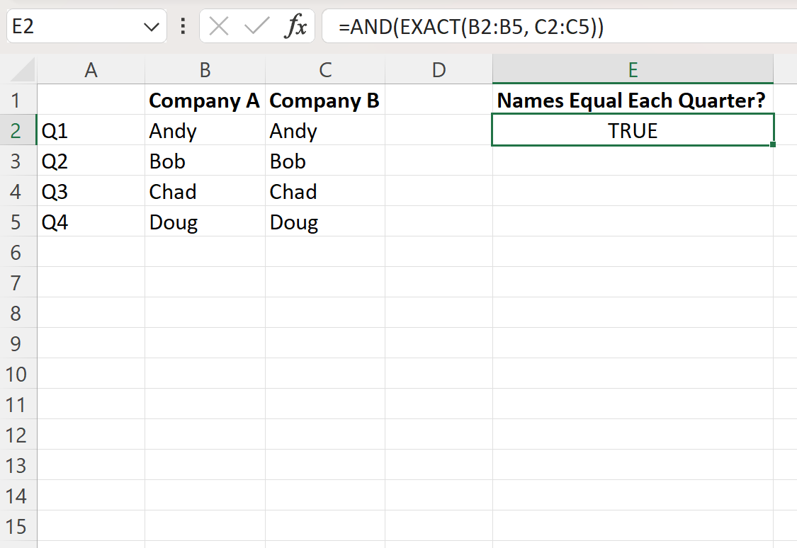 Excel check if all values between two ranges are the same