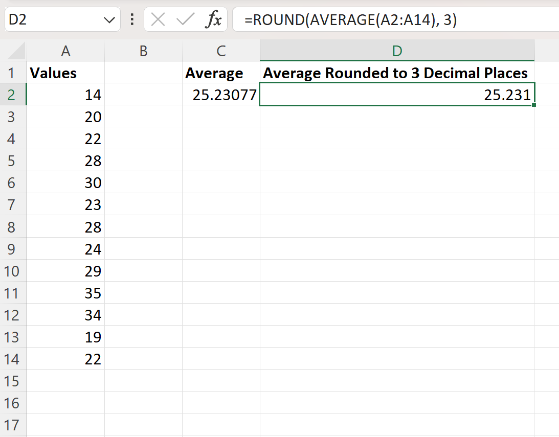 Excel round average to specific number of decimal places