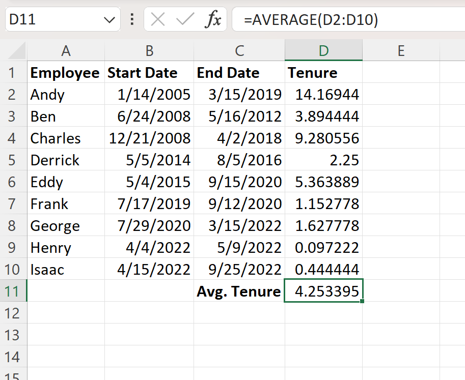 calculate average tenure in Excel