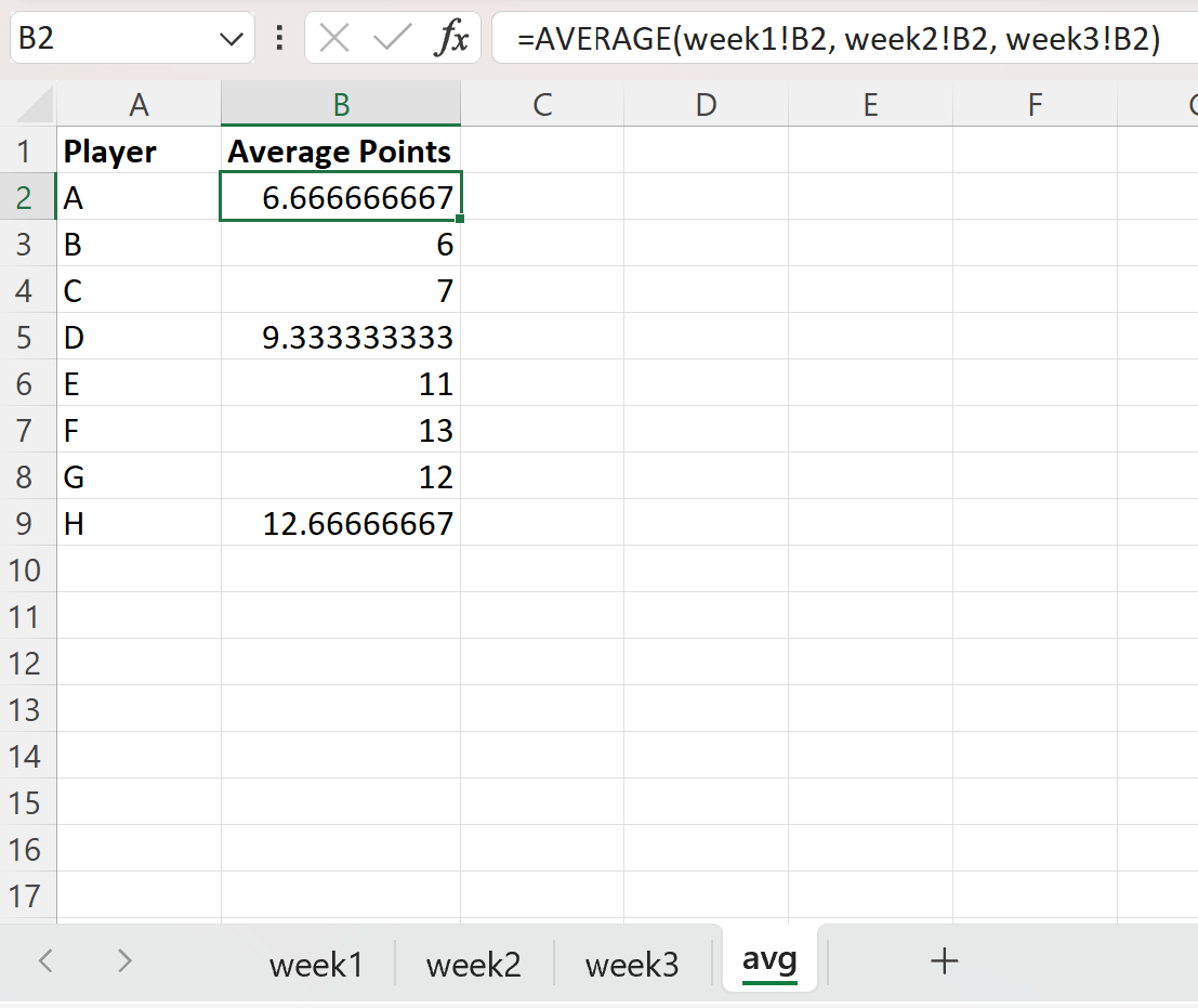 Excel calculate average across sheets
