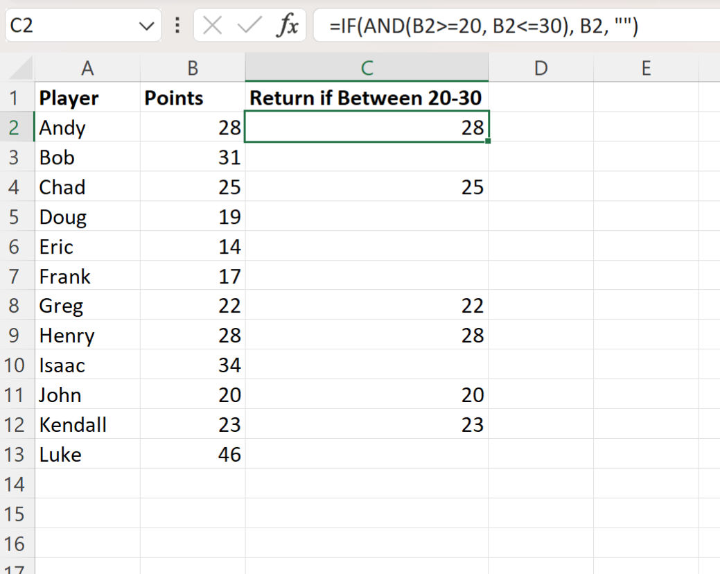 Excel if between two numbers then return value