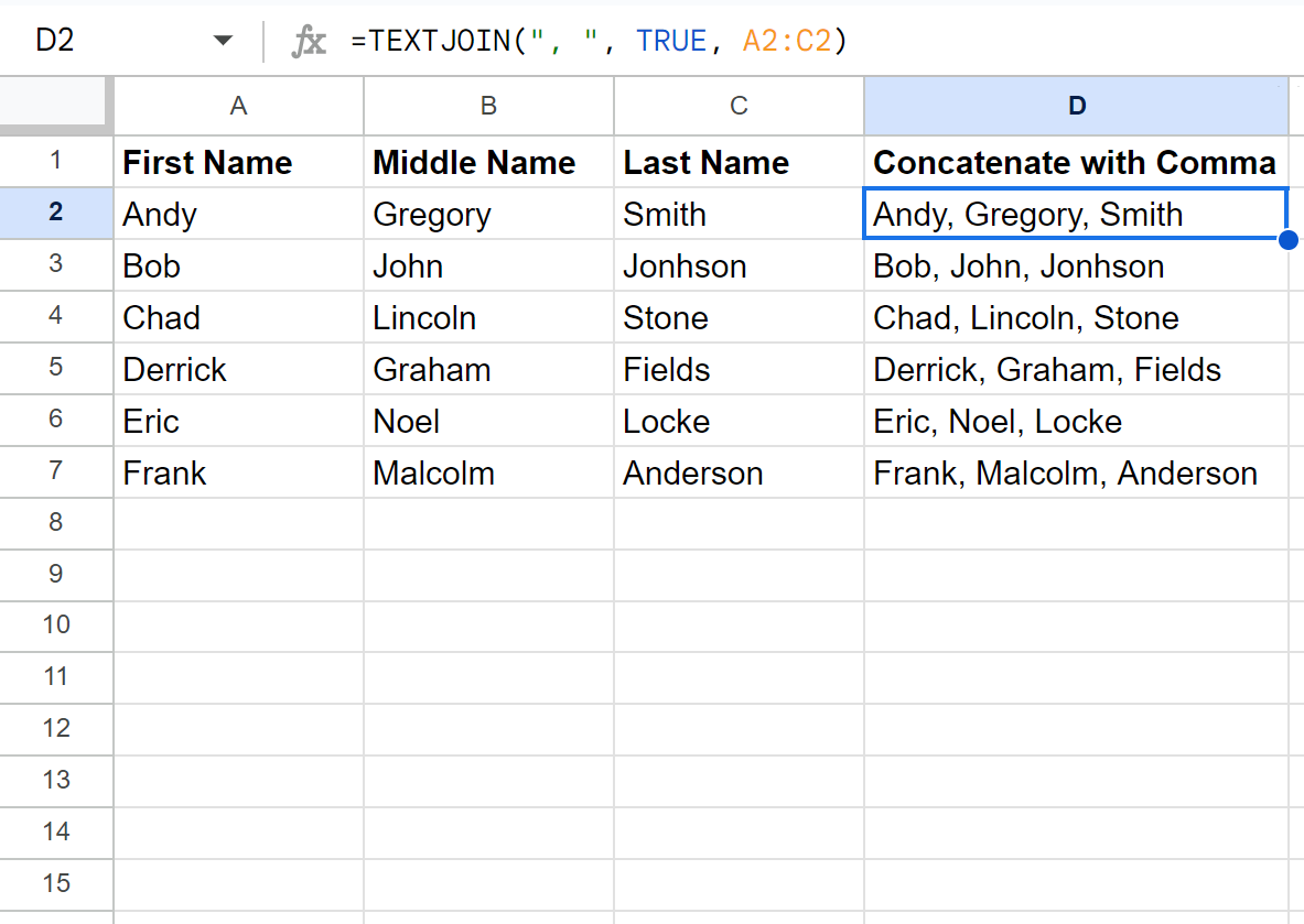 Google Sheets concatenate cells with comma