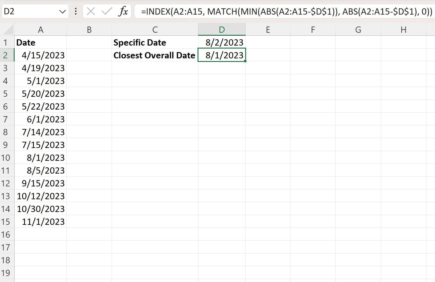 Excel find closest date