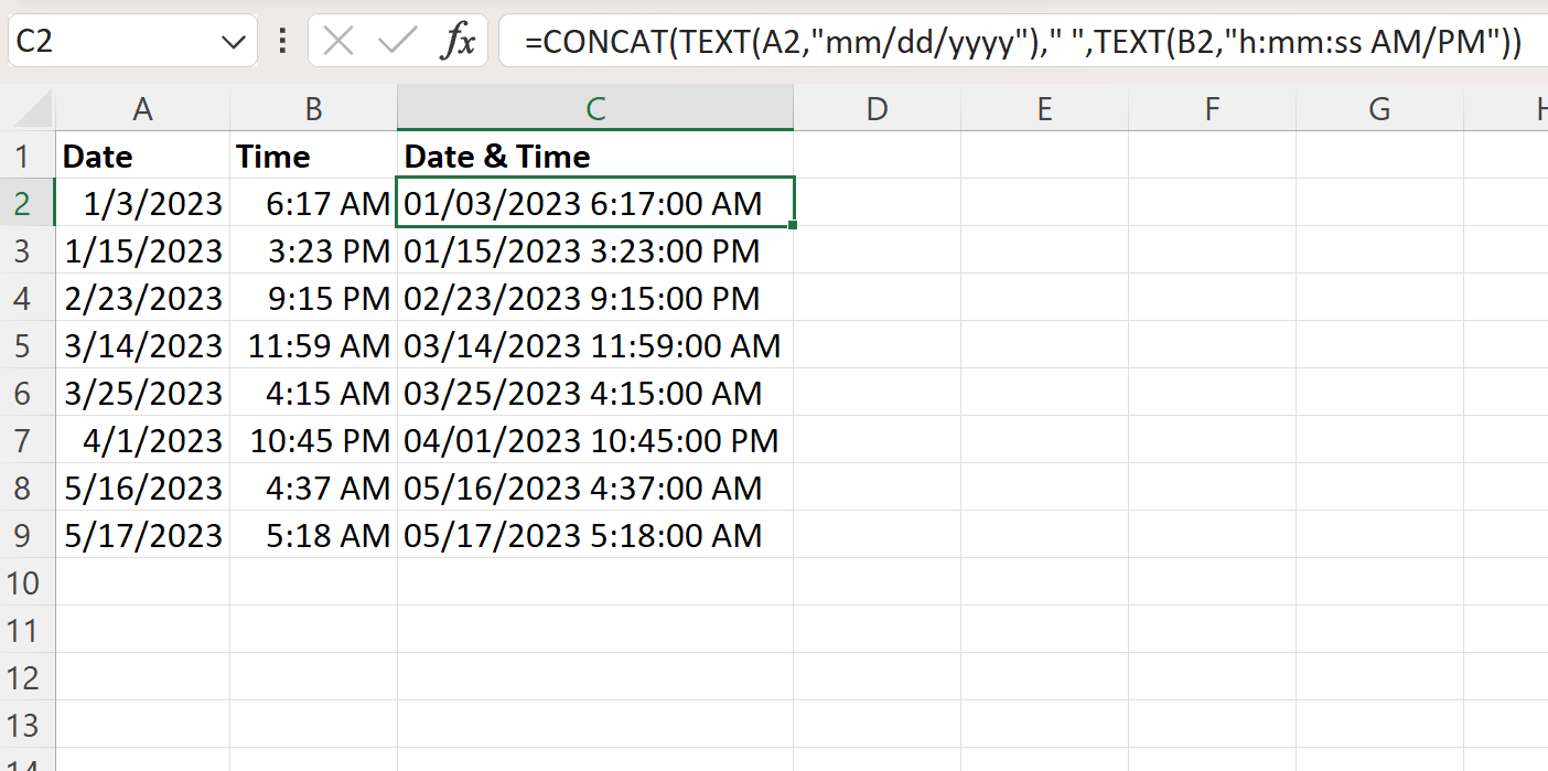 Excel combined date and time using CONCAT and TEXT