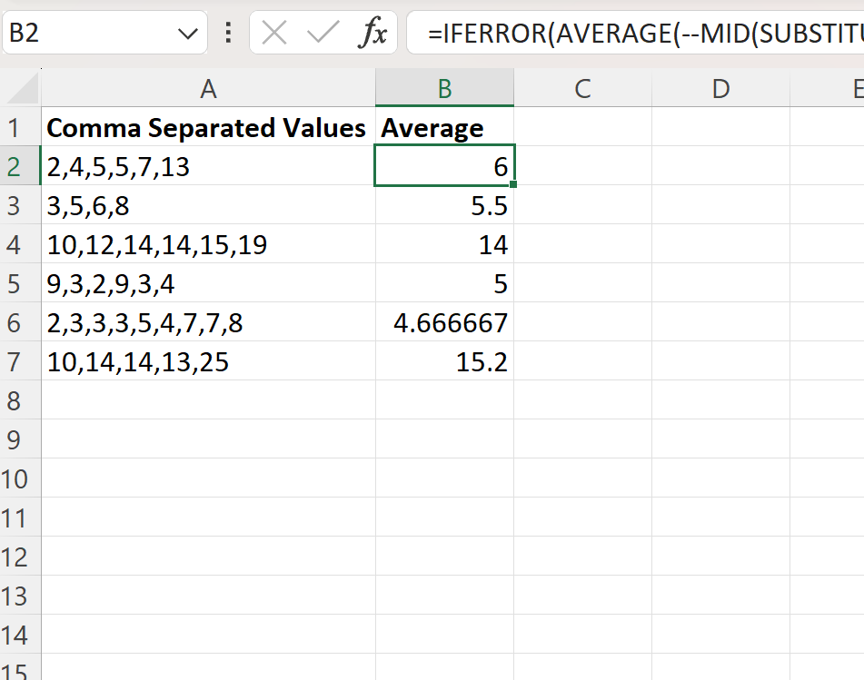 Excel average of numbers separated by commas