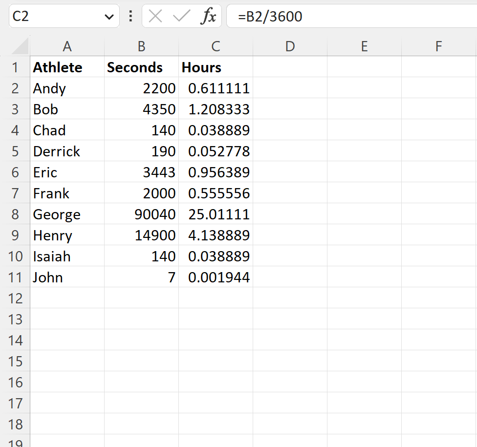 Excel convert seconds to decimal hours