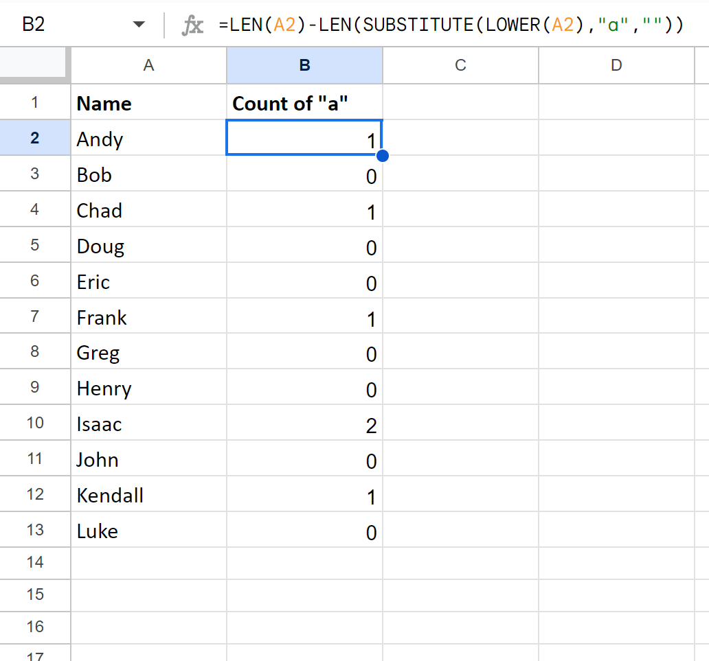 Google Sheets count specific characters in cell
