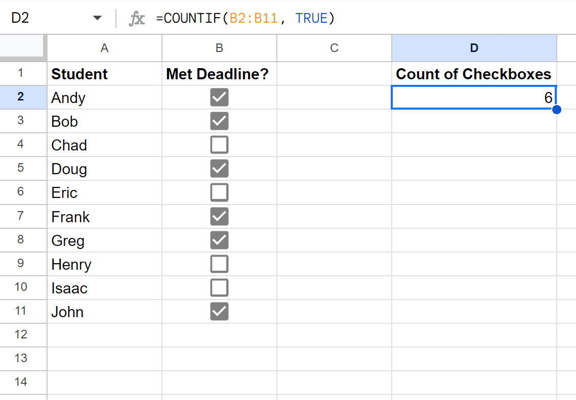 count checkboxes in Google Sheets