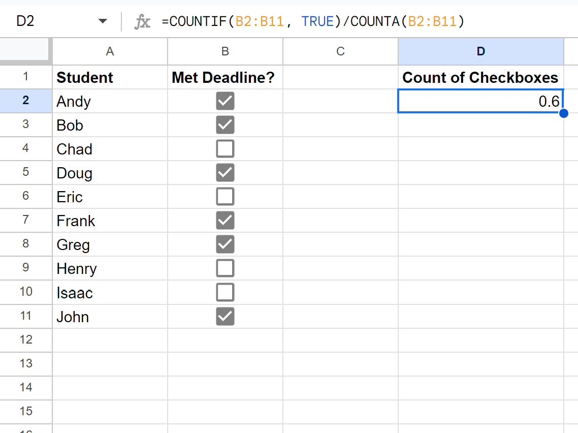 Google Sheets count percentage of checkboxes that are checked
