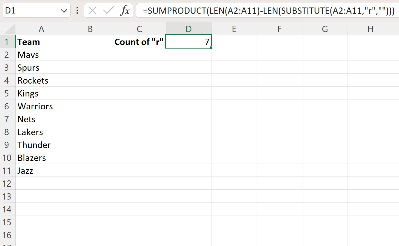 Excel count specific characters in column