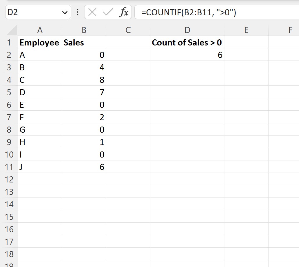 Excel COUNTIF greater than zero