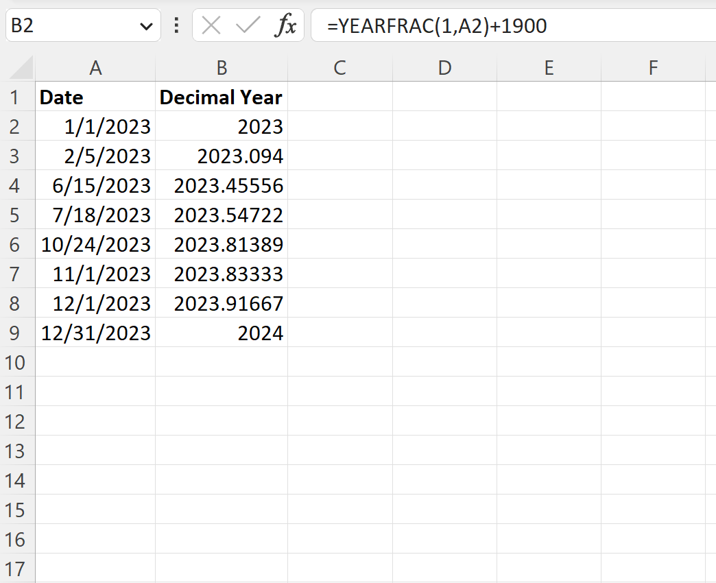 Excel convert date to decimal year