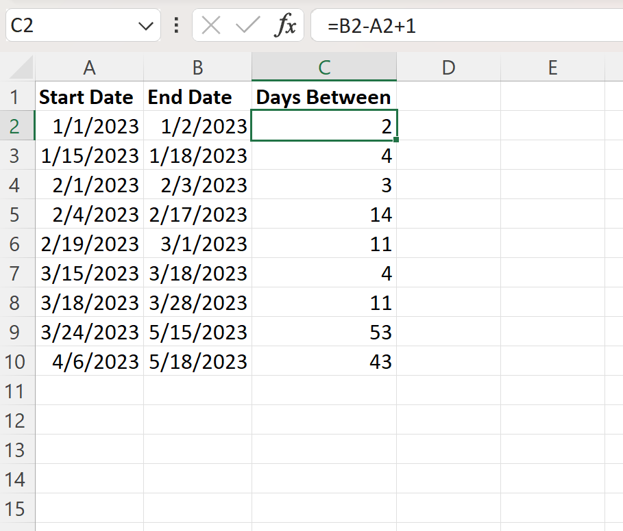 Excel number of days between two dates inclusive