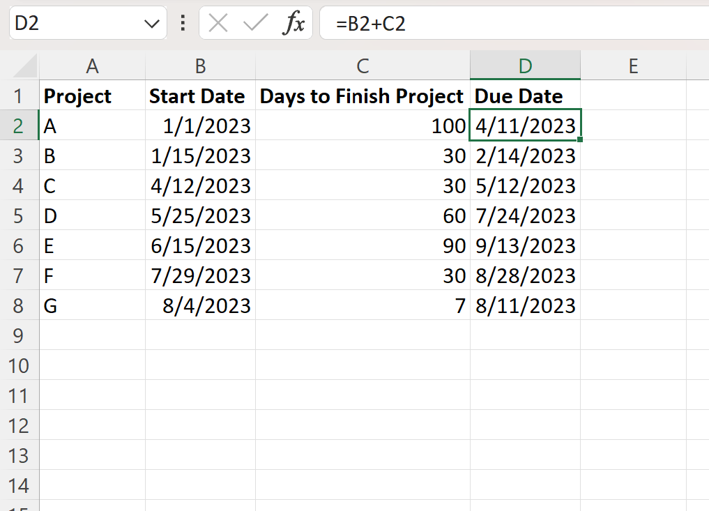 Excel due date formula