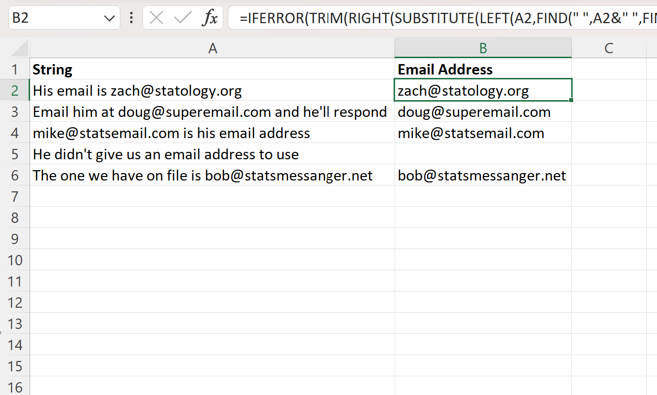 Excel extract email address from text