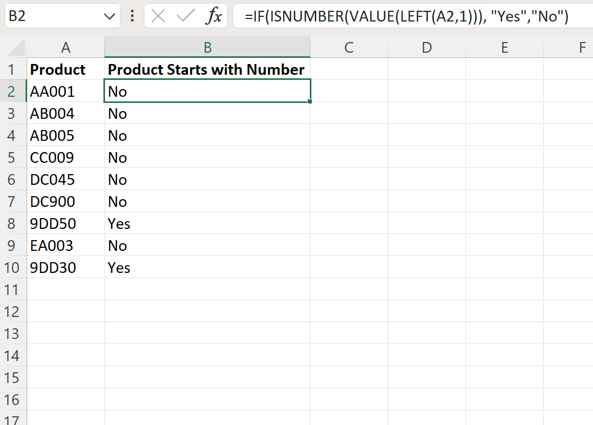 Excel check if cell begins with number