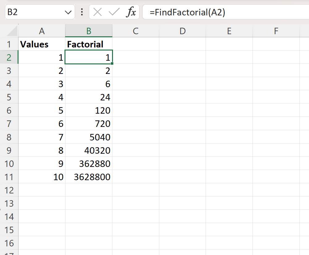 factorial function in VBA