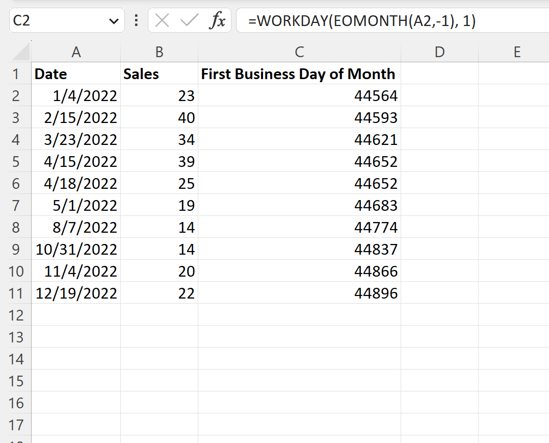 Excel find first business day of month