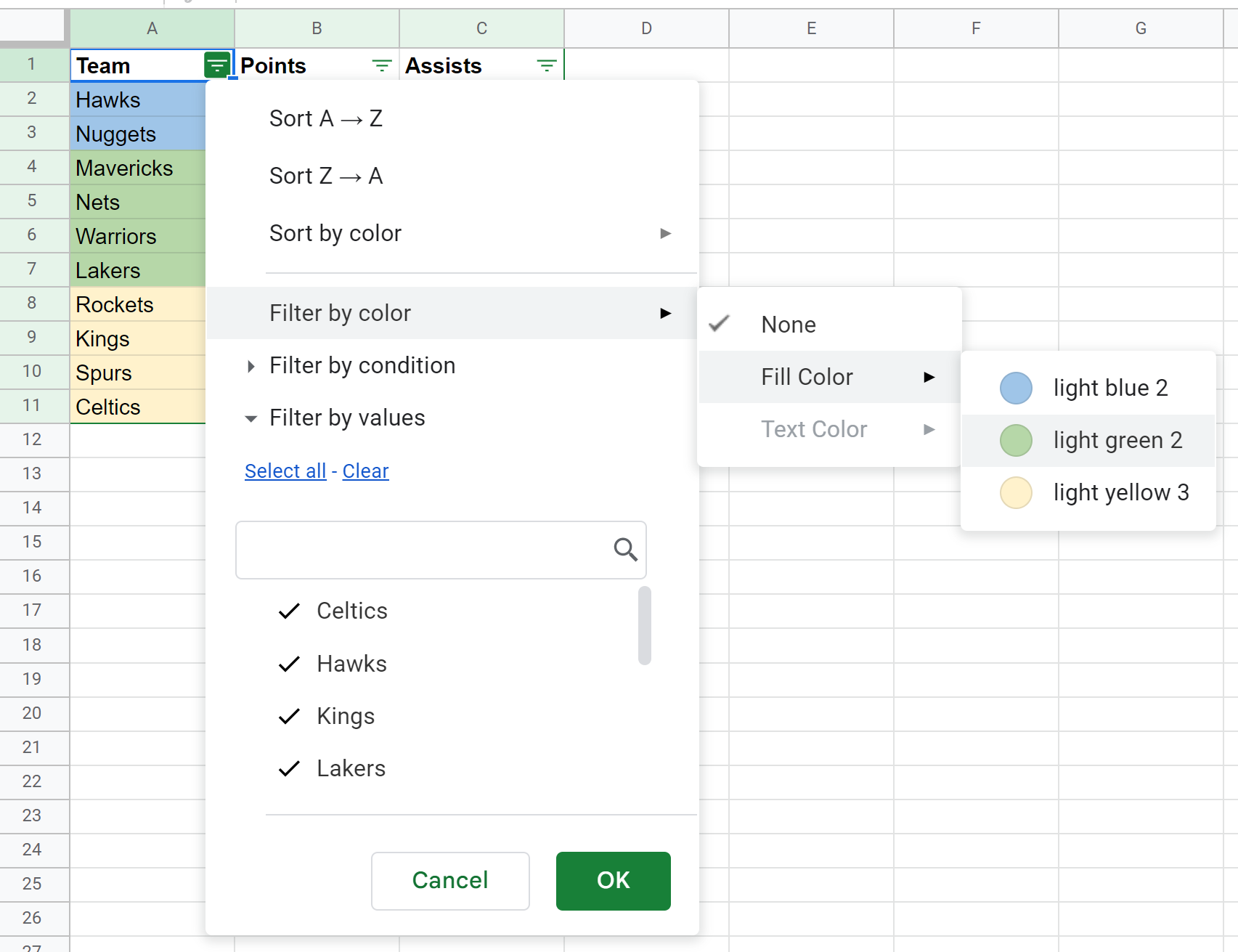 Google Sheets filter by color