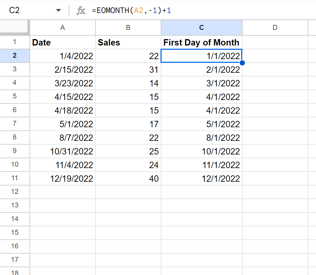 Google Sheets get first day of month