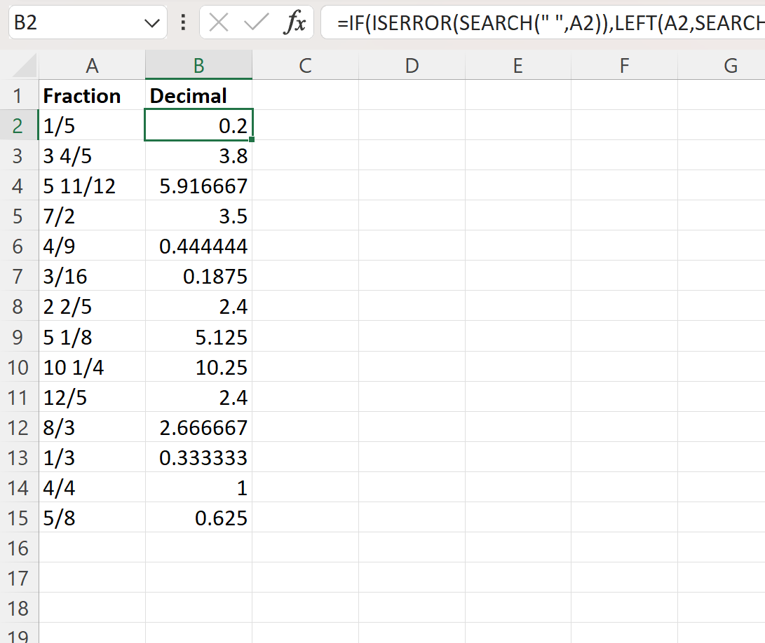 Excel convert decimal to fraction