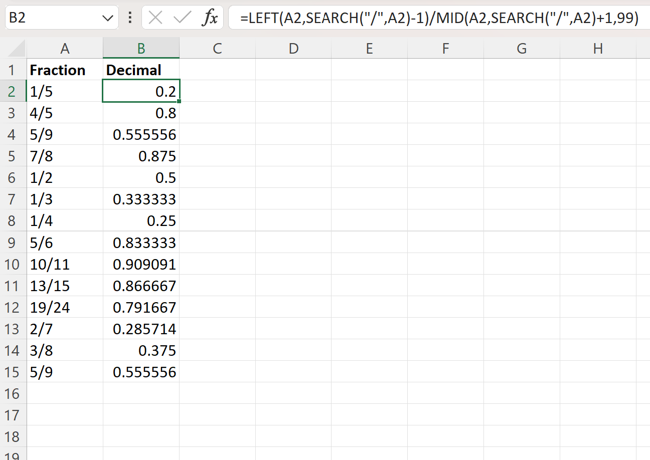 Excel convert proper fraction to decimal