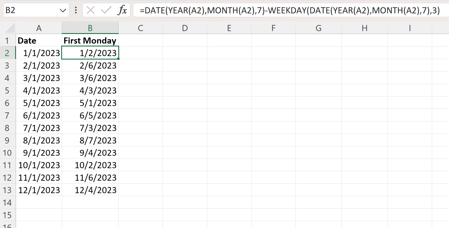 Excel find first Monday of month