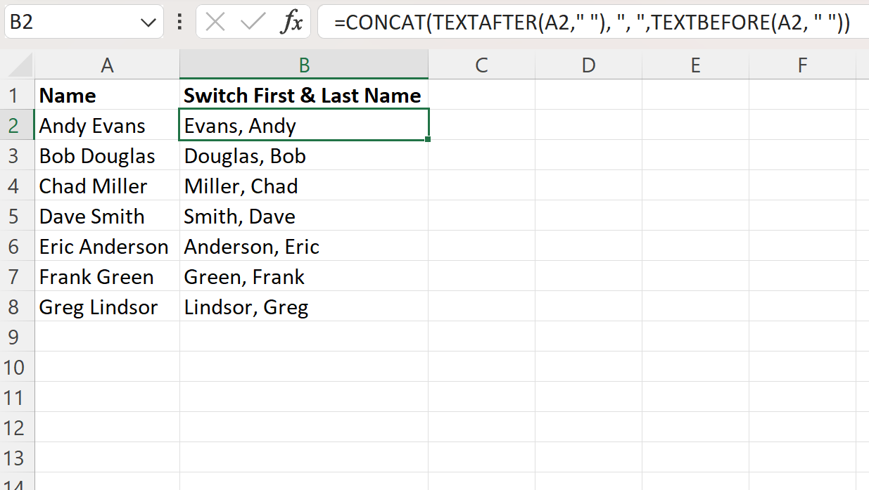 Excel switch first and last name with comma