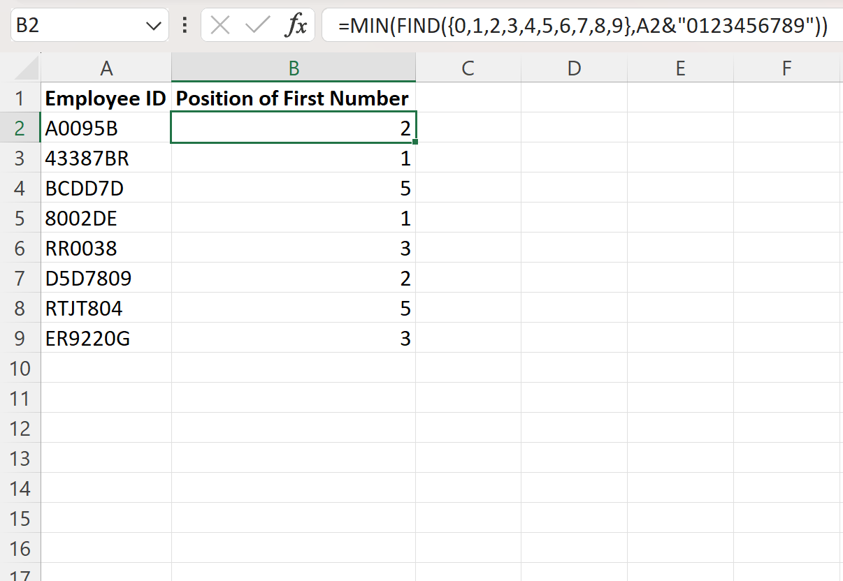 Excel find position of first number in string