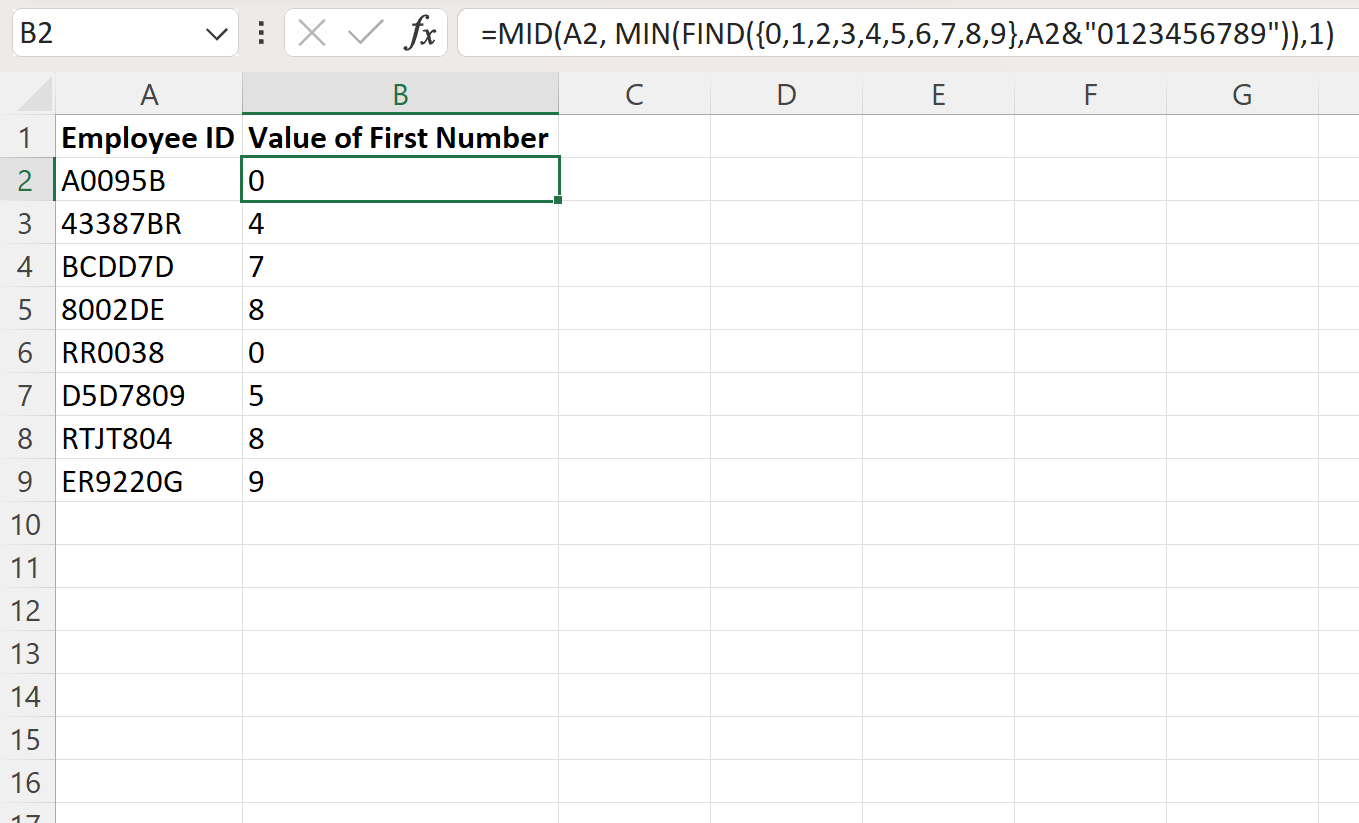 Excel find first number in text string