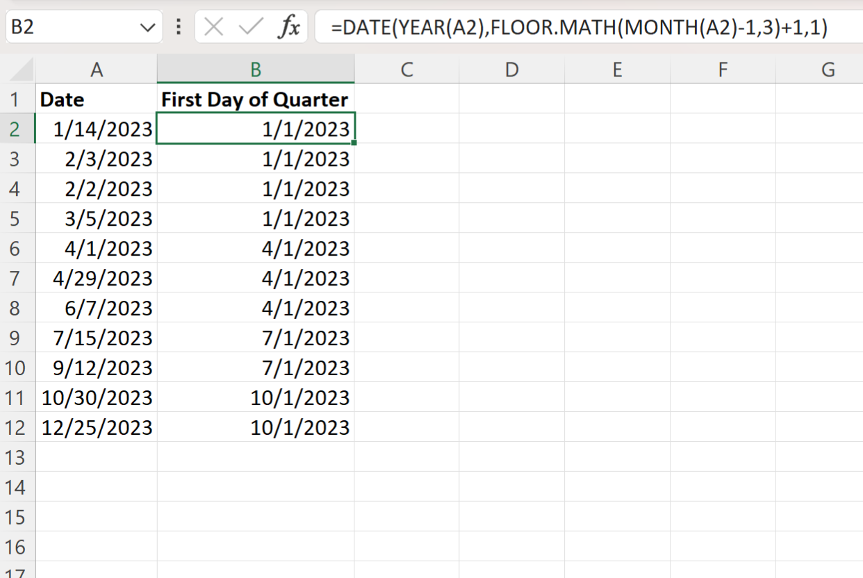 Excel get first day of quarter