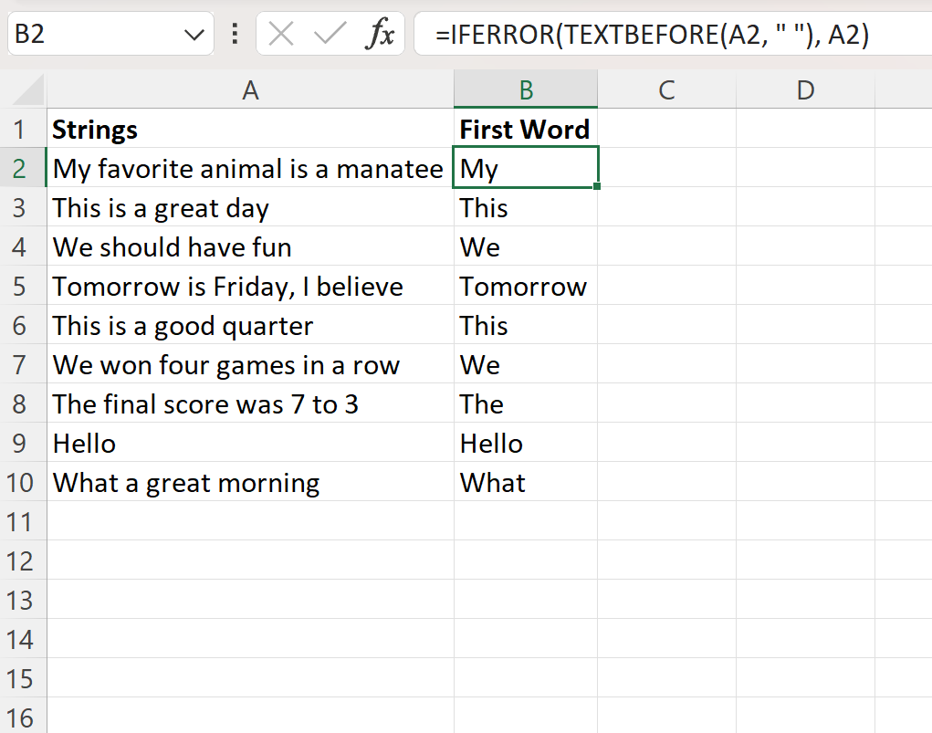 Excel extract first word from cell