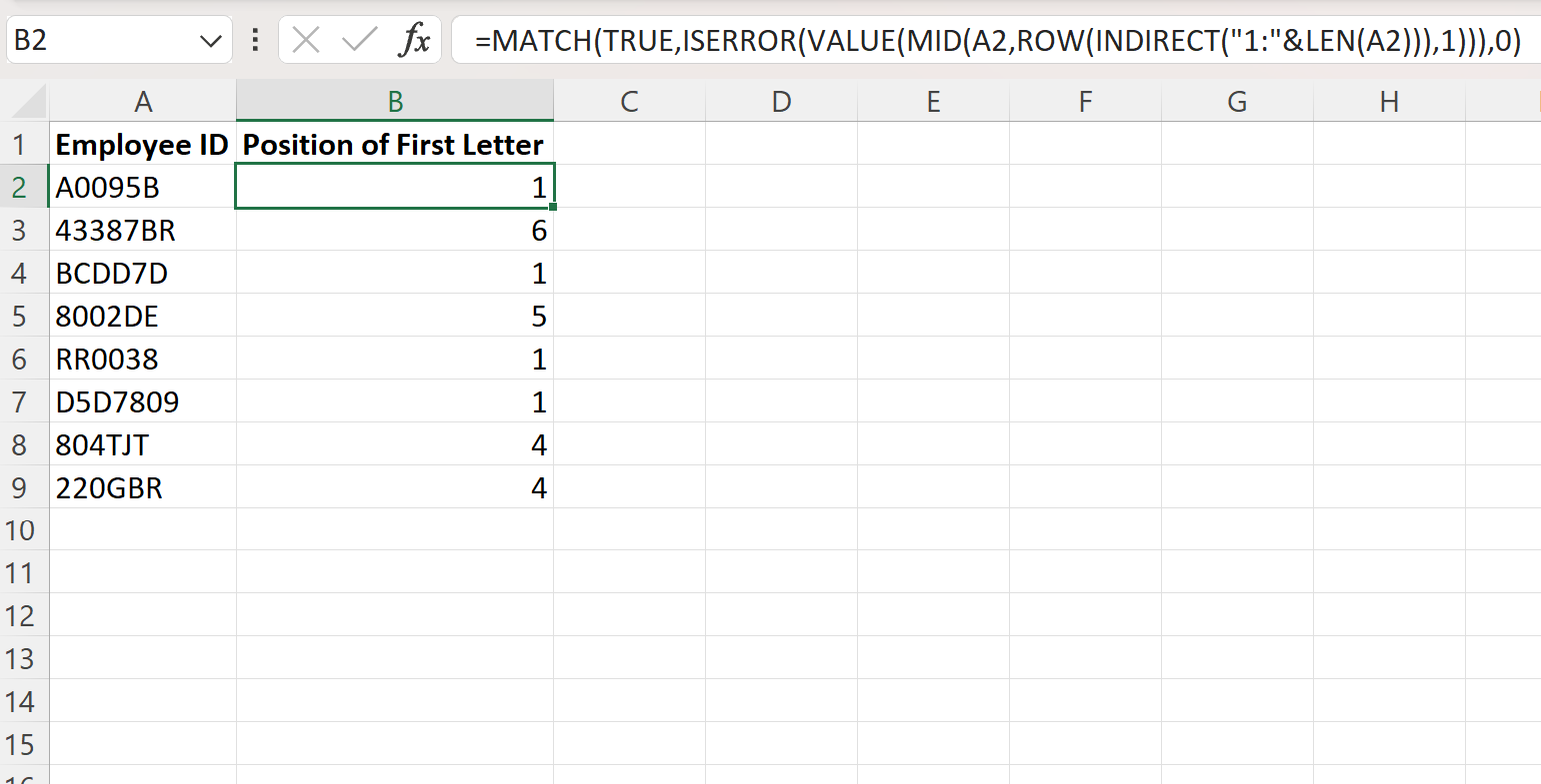 Excel find position of first letter in string