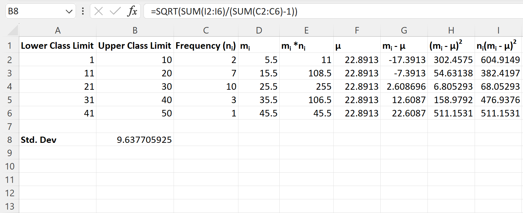 Excel standard deviation of frequency distribution