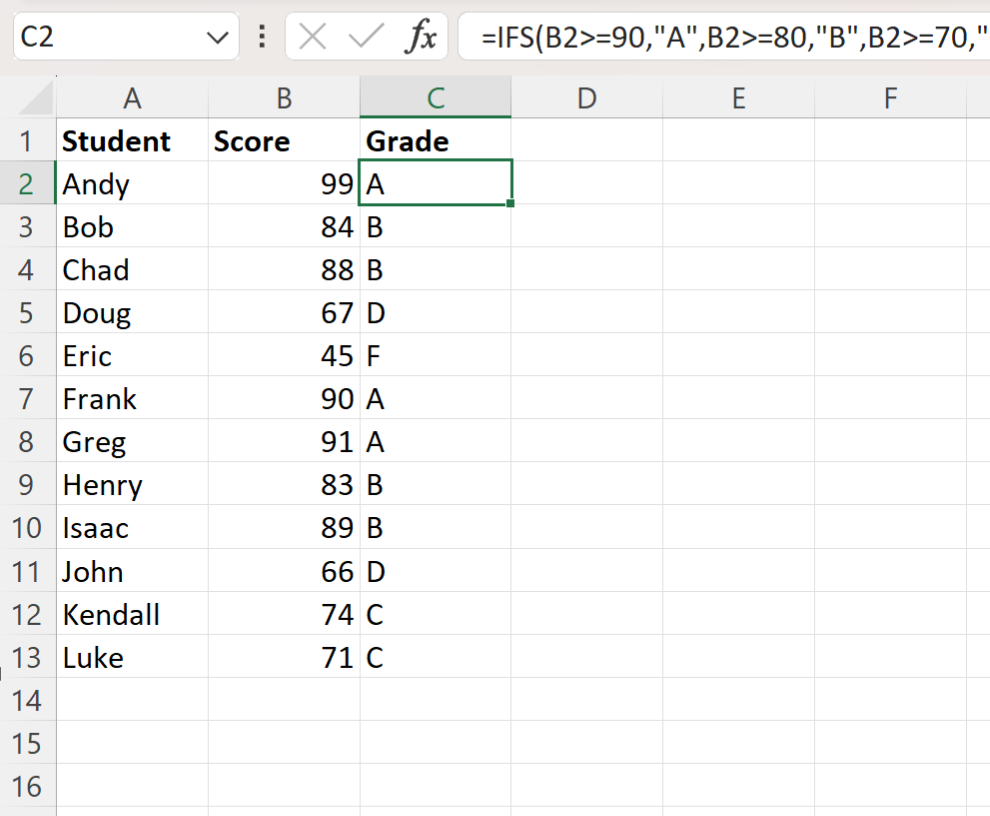 Excel calculate letter grade