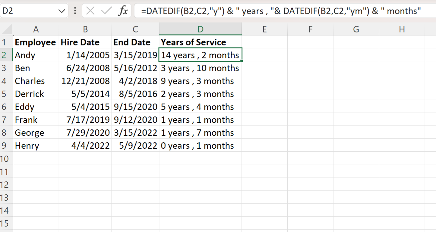 Excel calculate years of service from hire date