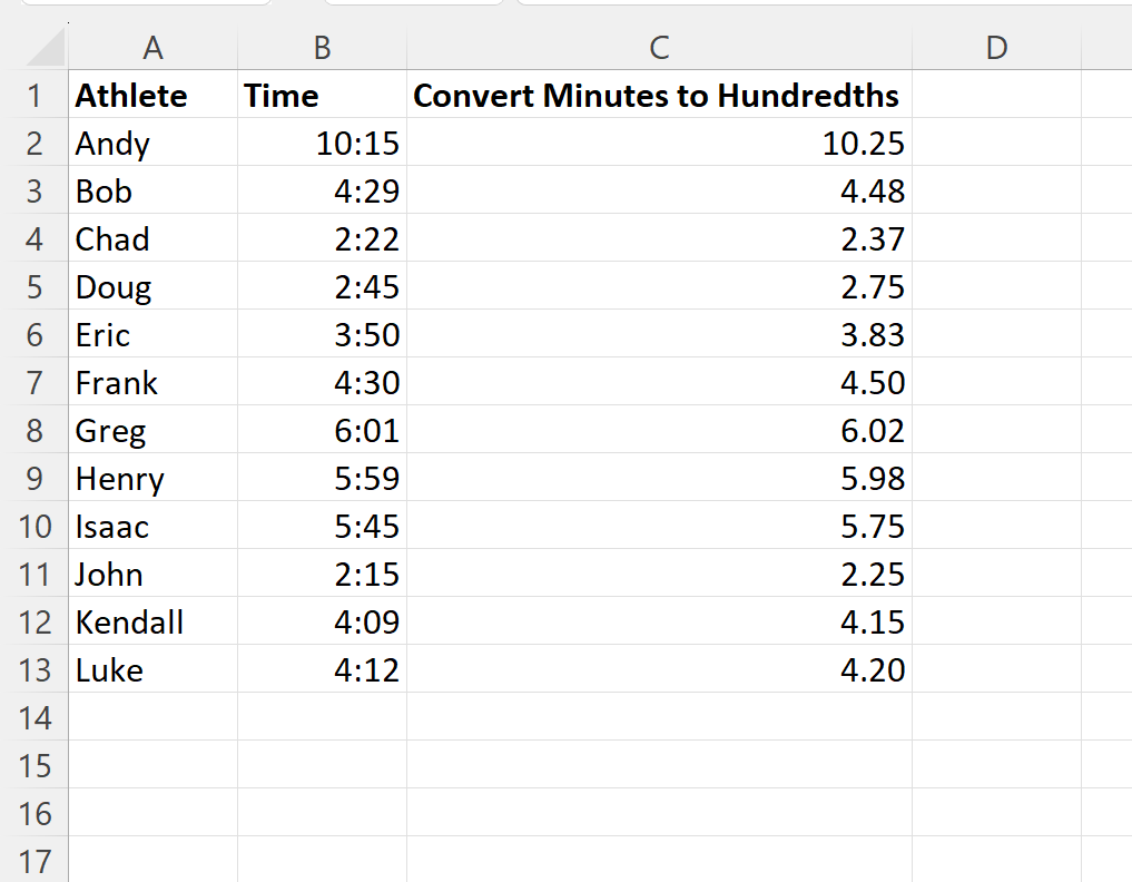 Excel convert minutes to hundredths