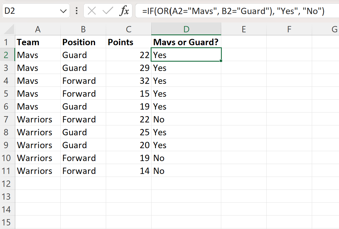 Excel IF function with two conditions using OR logic