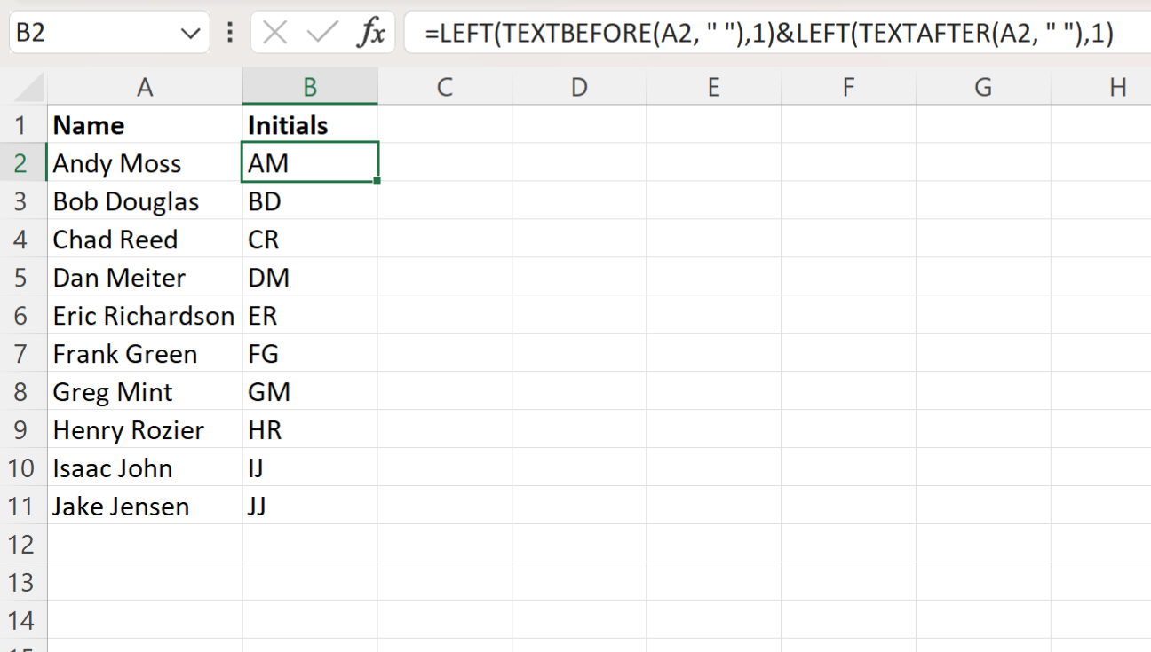 Excel extract initials from name
