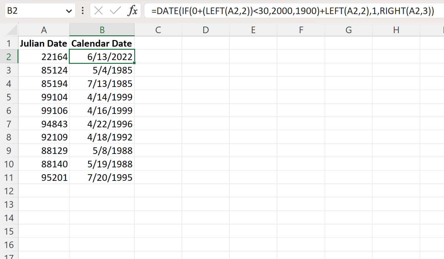 Excel convert Julian date to calendar date