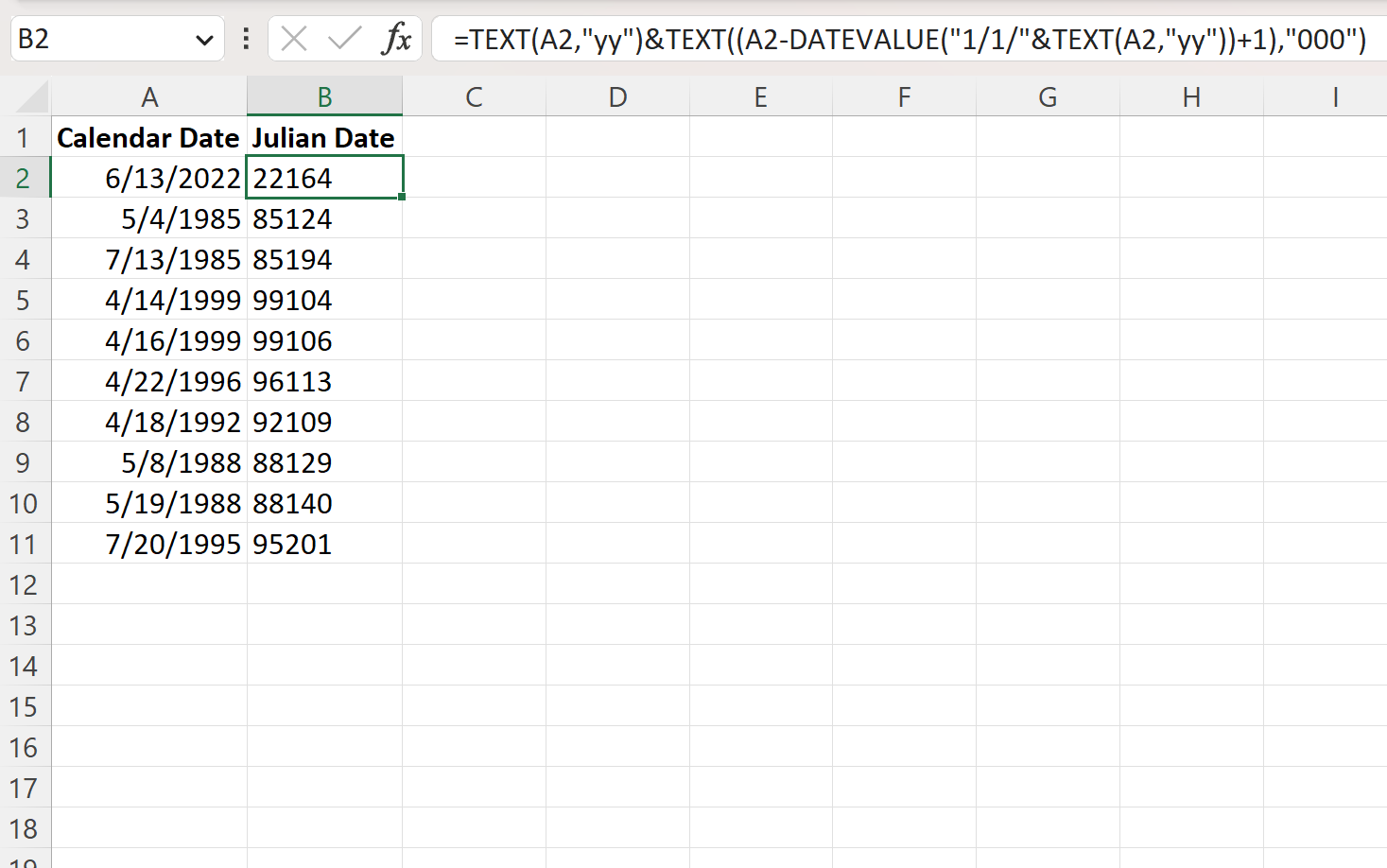 Excel convert calendar date to Julian date