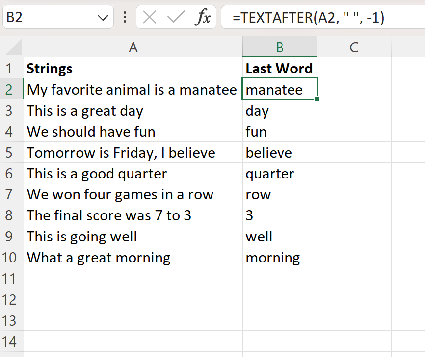 Excel extract last word from cell