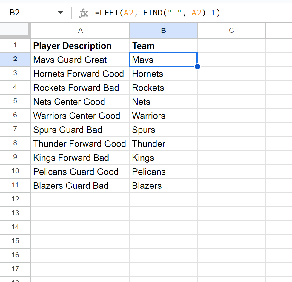 Google Sheets extract text left of space